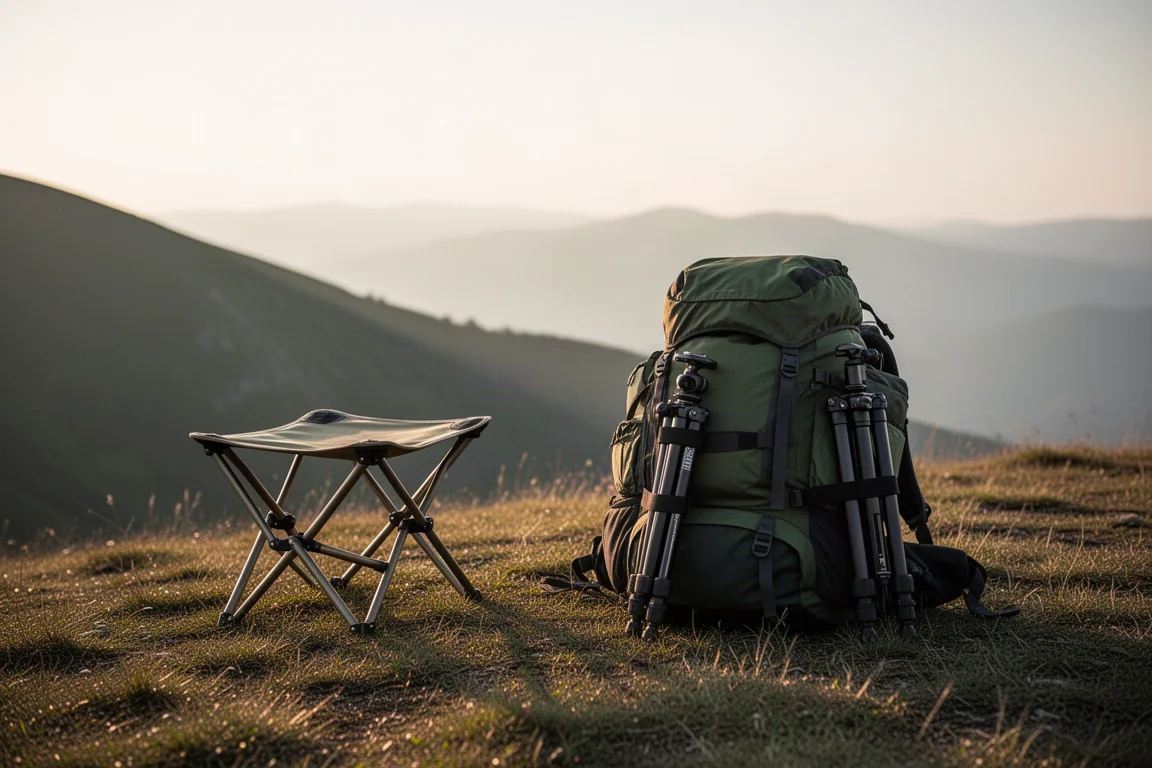 Folded camp chair and compact stool strapped to a hiking backpack on a grassy hillside