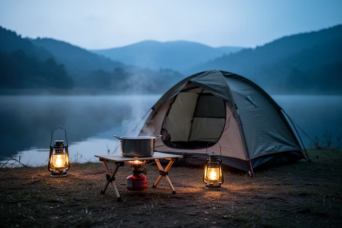 Low stool beside a camping stove at a dusk lakeside pitch with a small tent behind