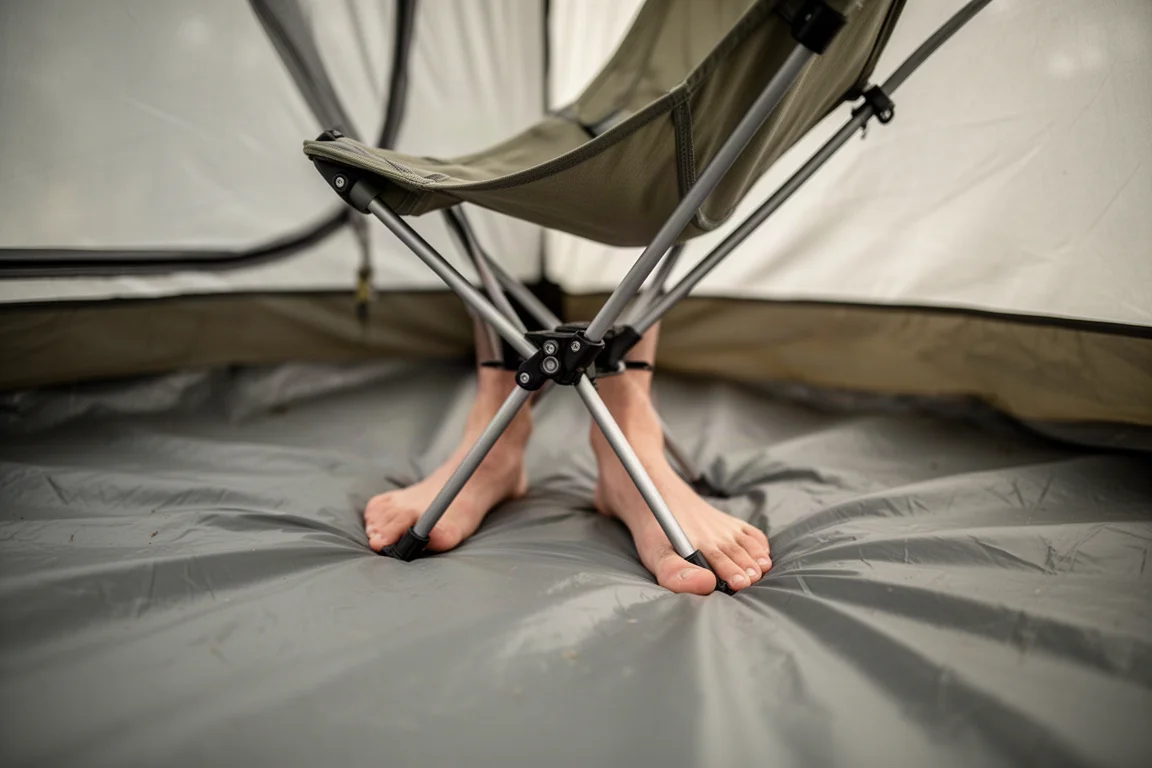 Close-up of ultralight chair feet resting on a tent groundsheet inside a small tent