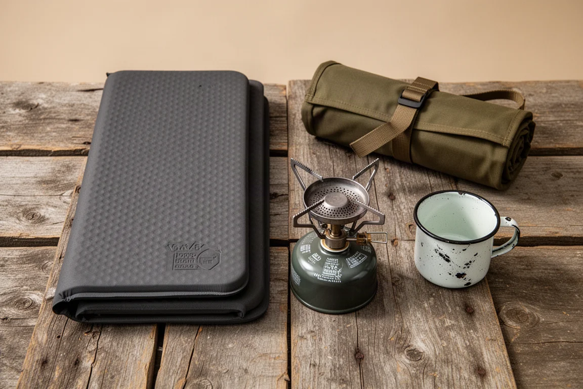 Flat-lay of folded sit pad, rolled camp chair, stove and enamel mug on weathered wood