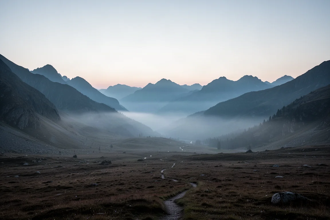 Afgelegen alpien dal bij zonsopgang met een vaag pad naar verre bergkammen
