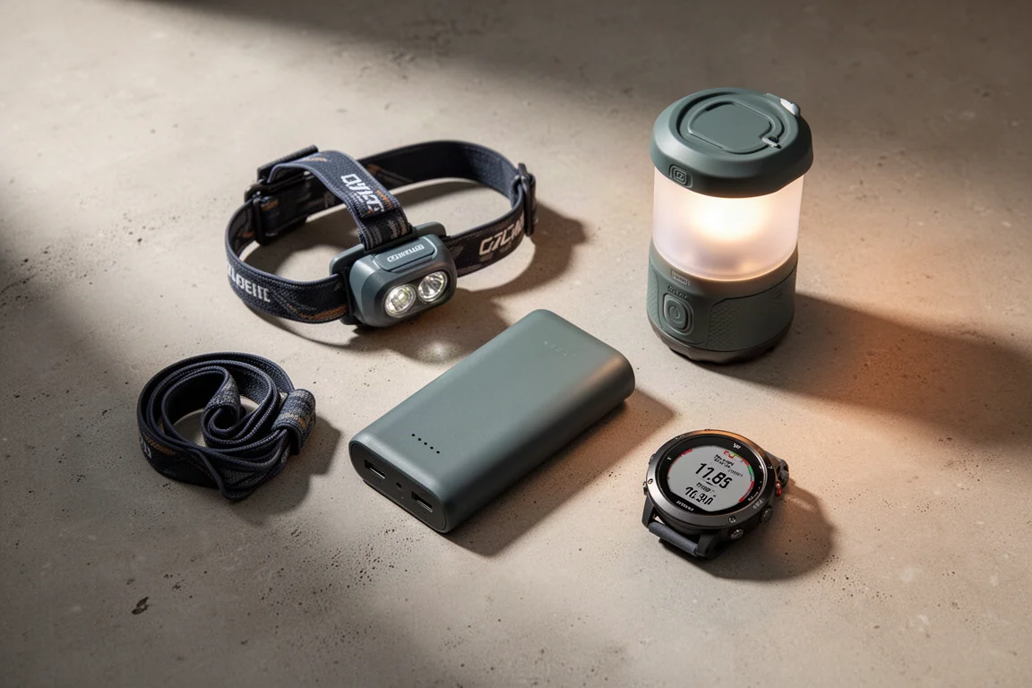 Camping electronics arranged on a concrete surface for an editorial gear roundup