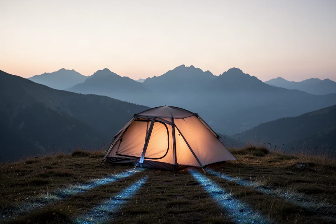 Kleine, laagprofielige tent op een grasrug in de schemering met warme gloed binnen