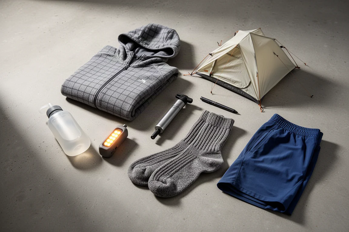 Overhead arrangement of backpacking gear including a squeeze bottle, fleece, pump, tent, socks, pen and shorts