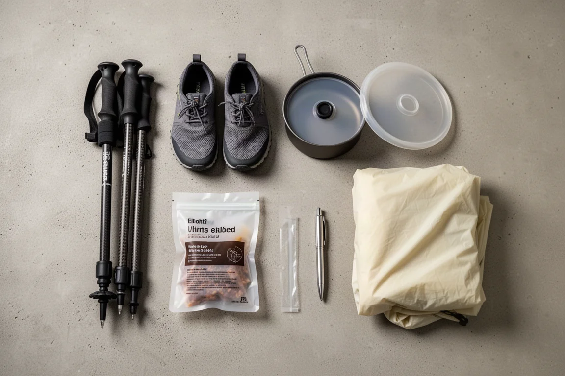Attrezzatura da backpacking ultraleggera disposta a vista su una superficie in cemento