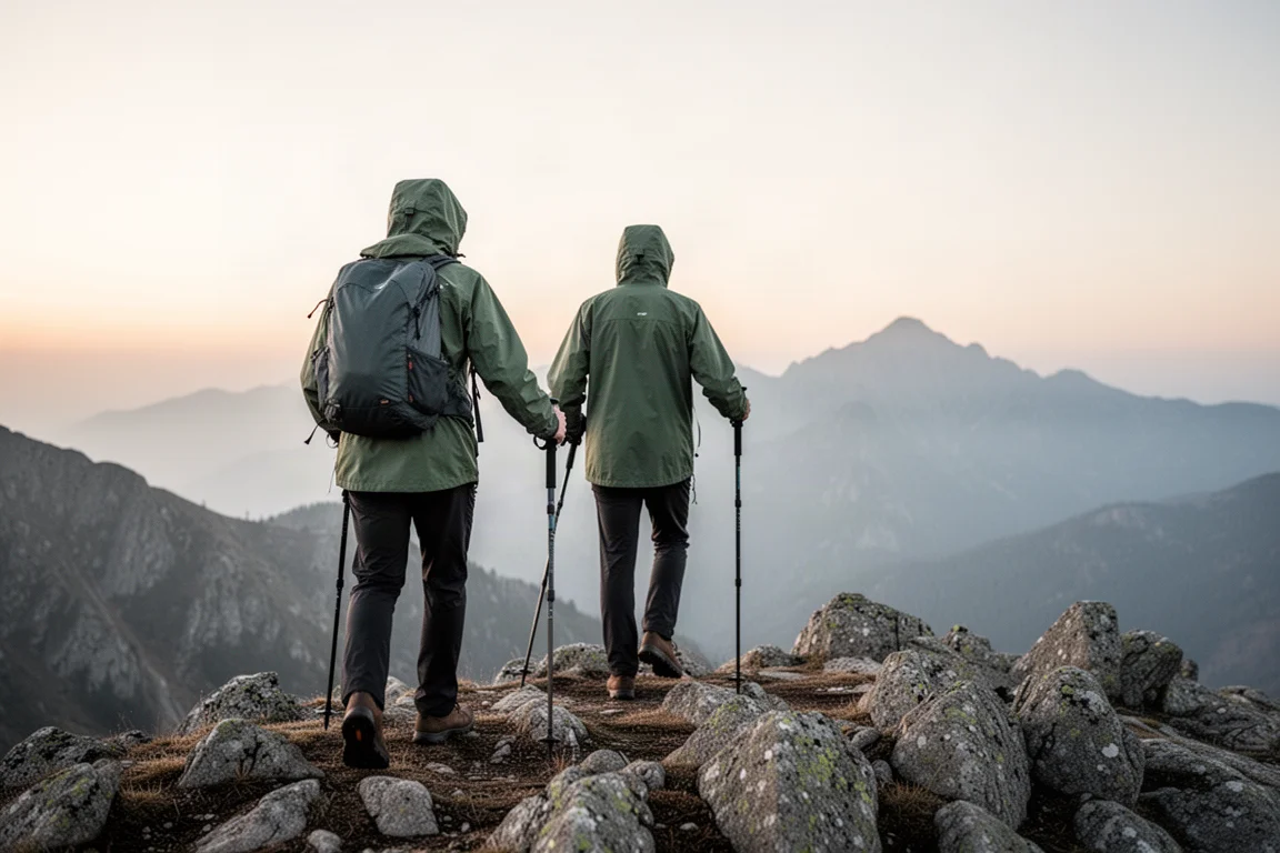 Escursionista con bastoncini da trekking su una cresta rocciosa all'alba, ripreso di spalle