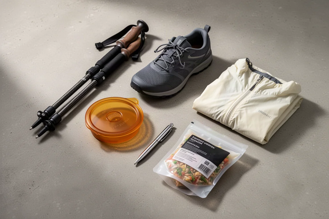 Overhead arrangement of backpacking gear including trekking poles, camp shoes, pot lid, and rain shell