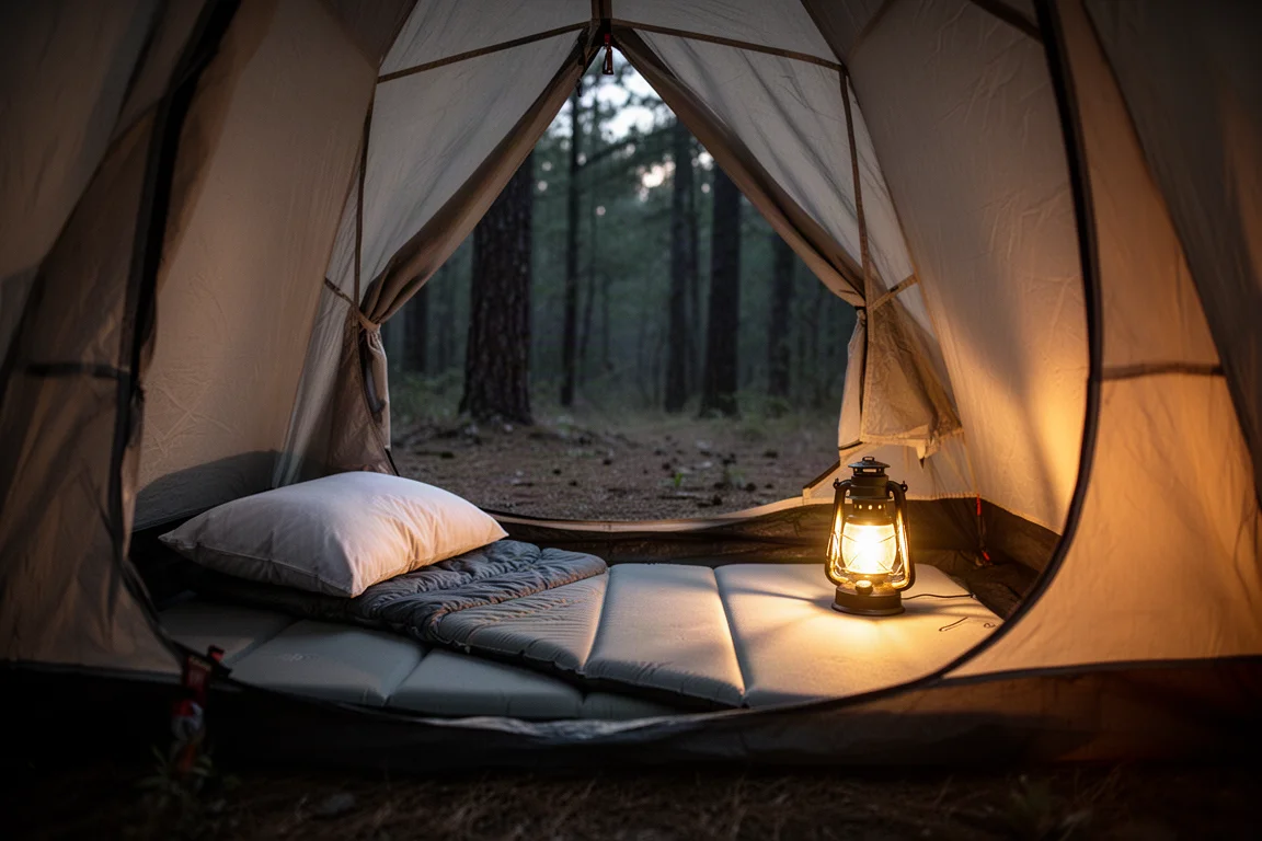 Tentinterieur in de schemering met een slaapmat en een opgevouwen quilt klaar voor de nacht