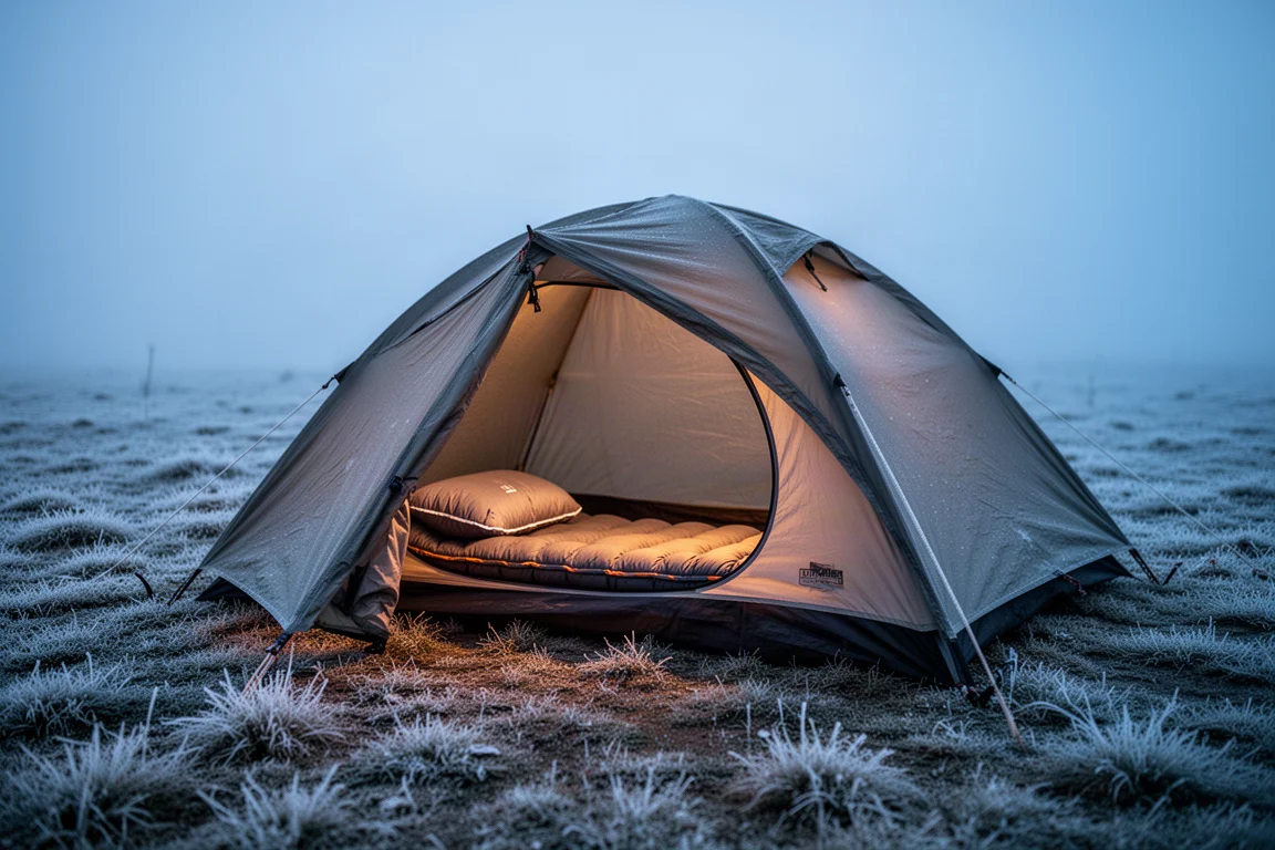 Breed tentinterieur in de nacht met een brede slaapmat en zacht warm lantaarnlicht