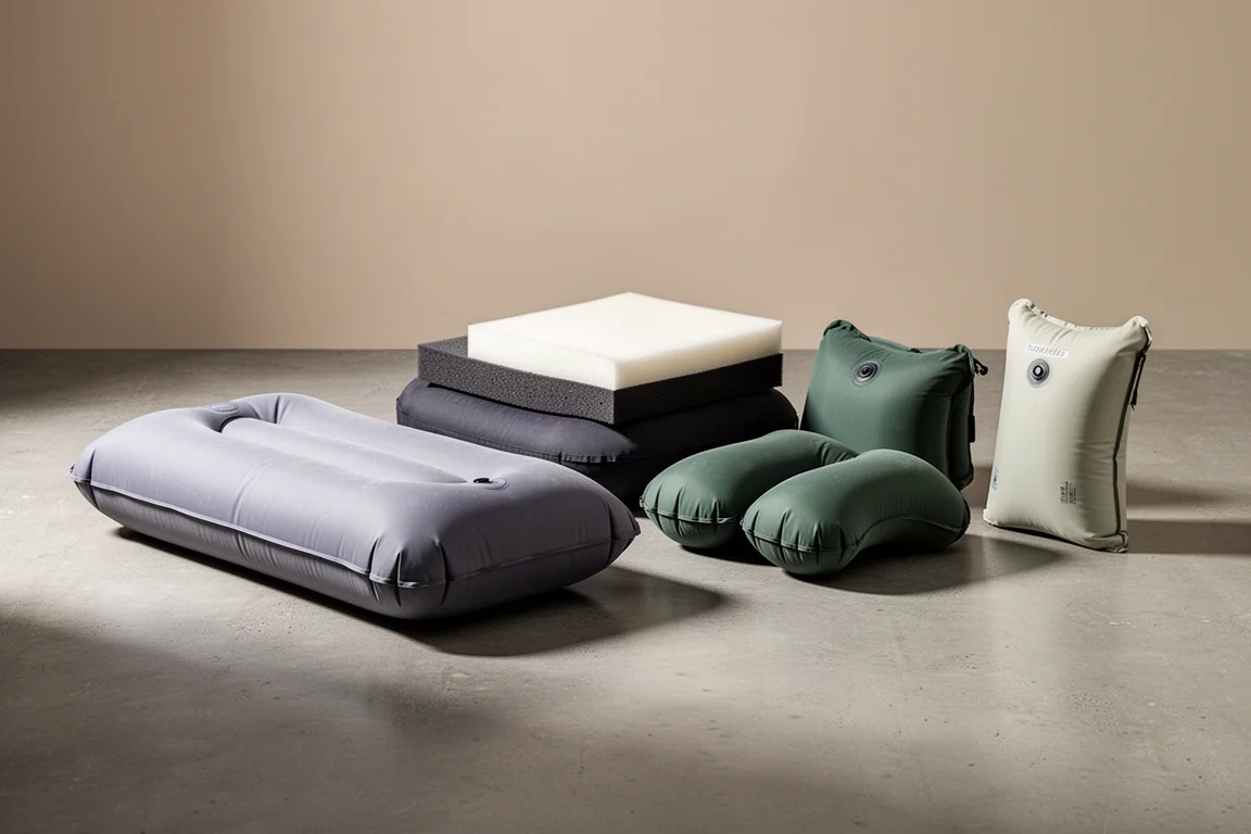 Five inflatable camping pillows of different sizes arranged in a row on a grey surface