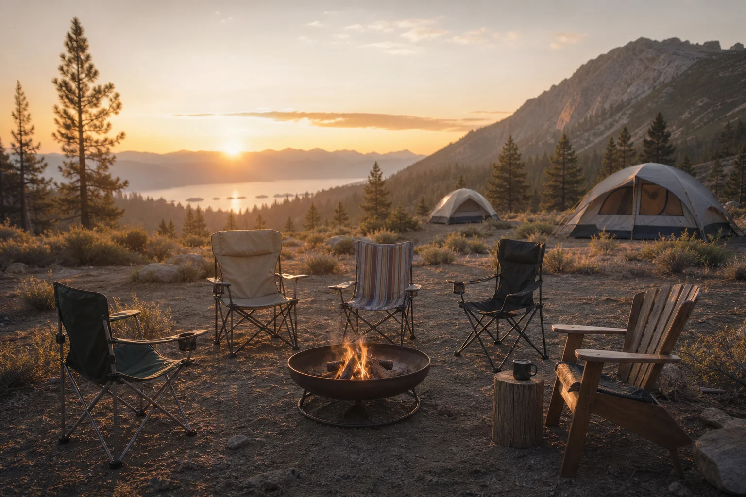 Campingstühle um eine Feuerstelle in der Dämmerung mit Zelten im Hintergrund