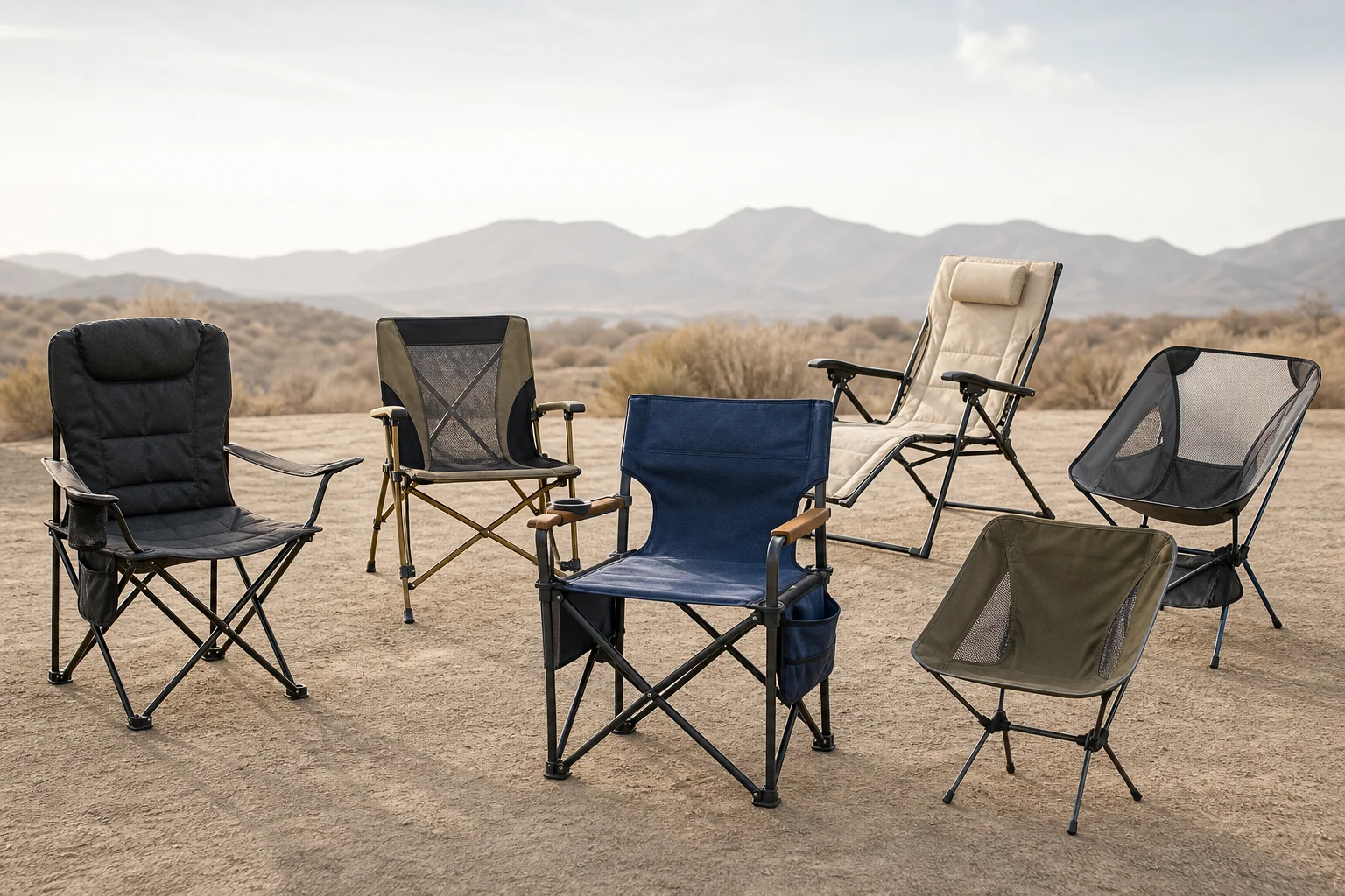 Mehrere Campingstuhl-Modelle mit verschiedenen Funktionen und Designs