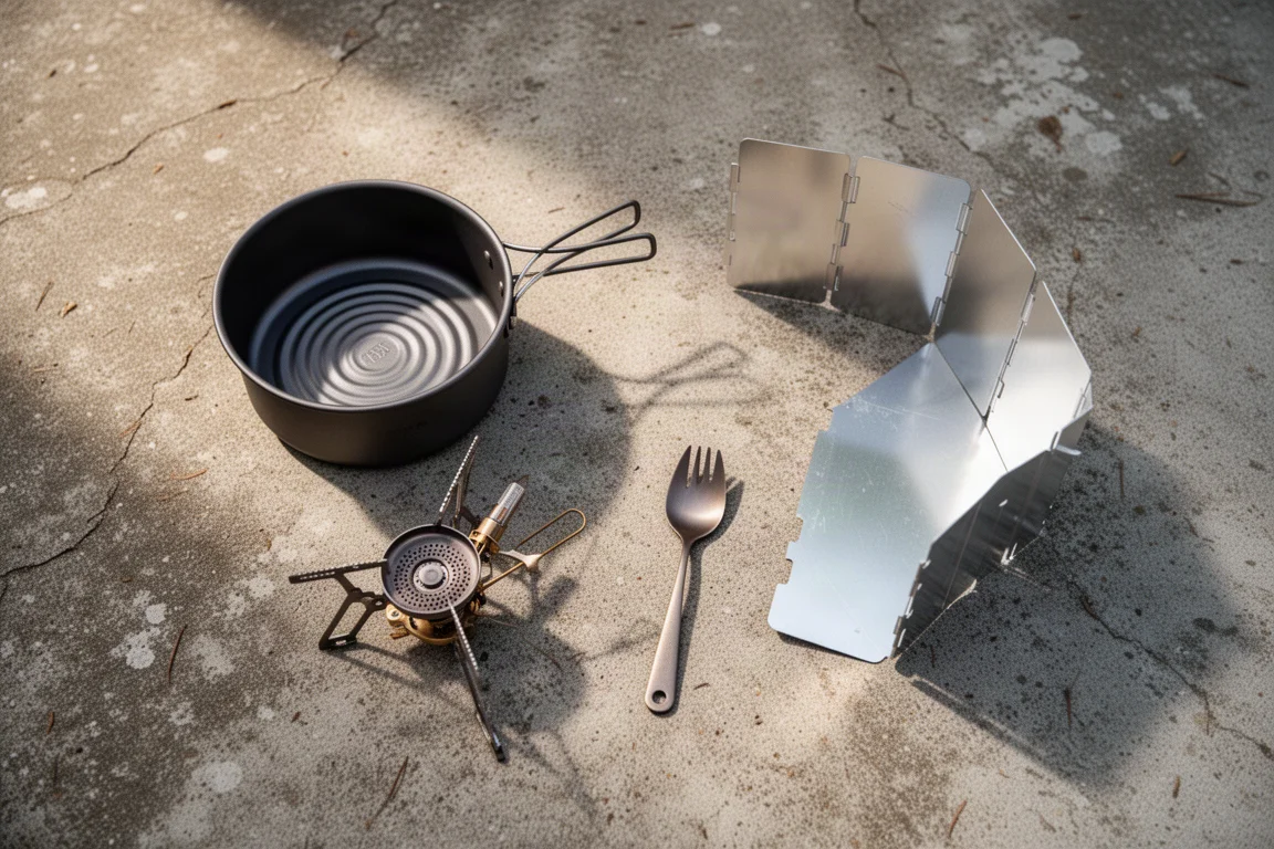 Ovanifrån liggande uppställning av kastrull, ihopfällbart gaskök, spork och vindskydd på betong