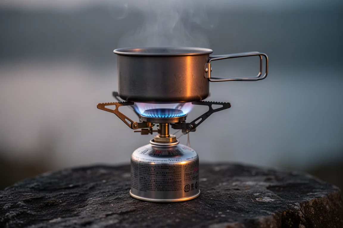 Kompakt ihopfällbart gaskök med en låg blå låga under en aluminiumkastrull i skymningen