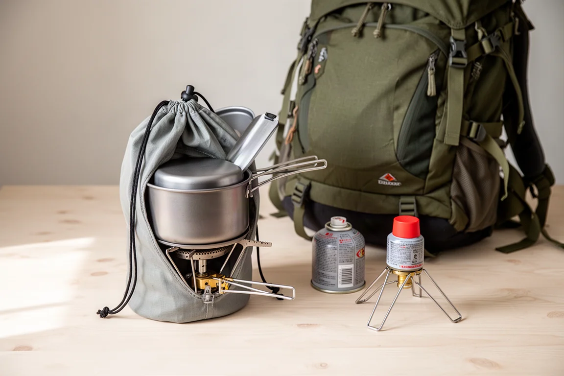 Köksset och kök packade i en stuff sack bredvid en öppen vandringsryggsäck