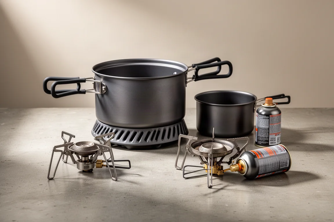 Camp cook set with two aluminium pots, a folding gas stove and a canister on concrete