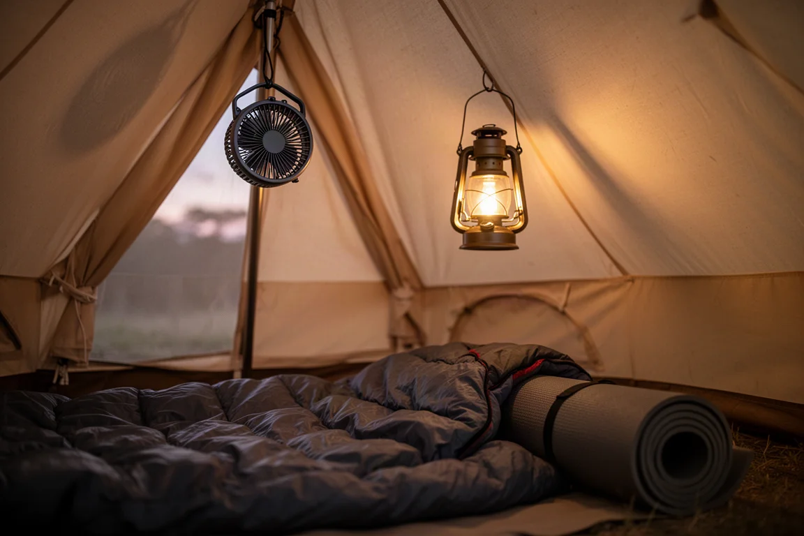 Ventilatore da campeggio compatto appeso a un anello all'interno di una tenda in tela al crepuscolo