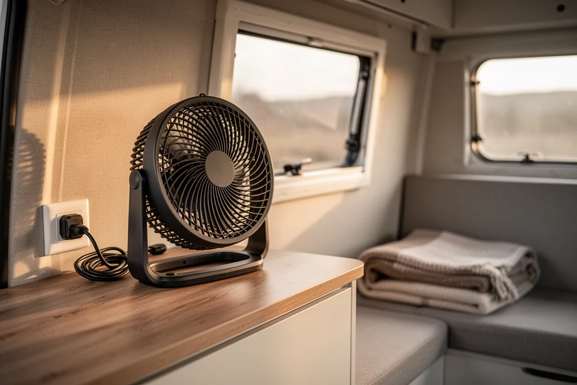 Grande ventilatore portatile su un piano di lavoro del camper accanto a una presa a muro
