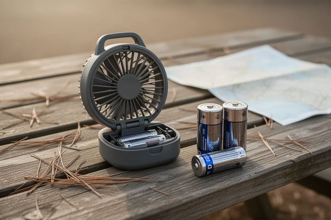 Vano batterie aperto di un piccolo ventilatore da campeggio con batterie D accanto