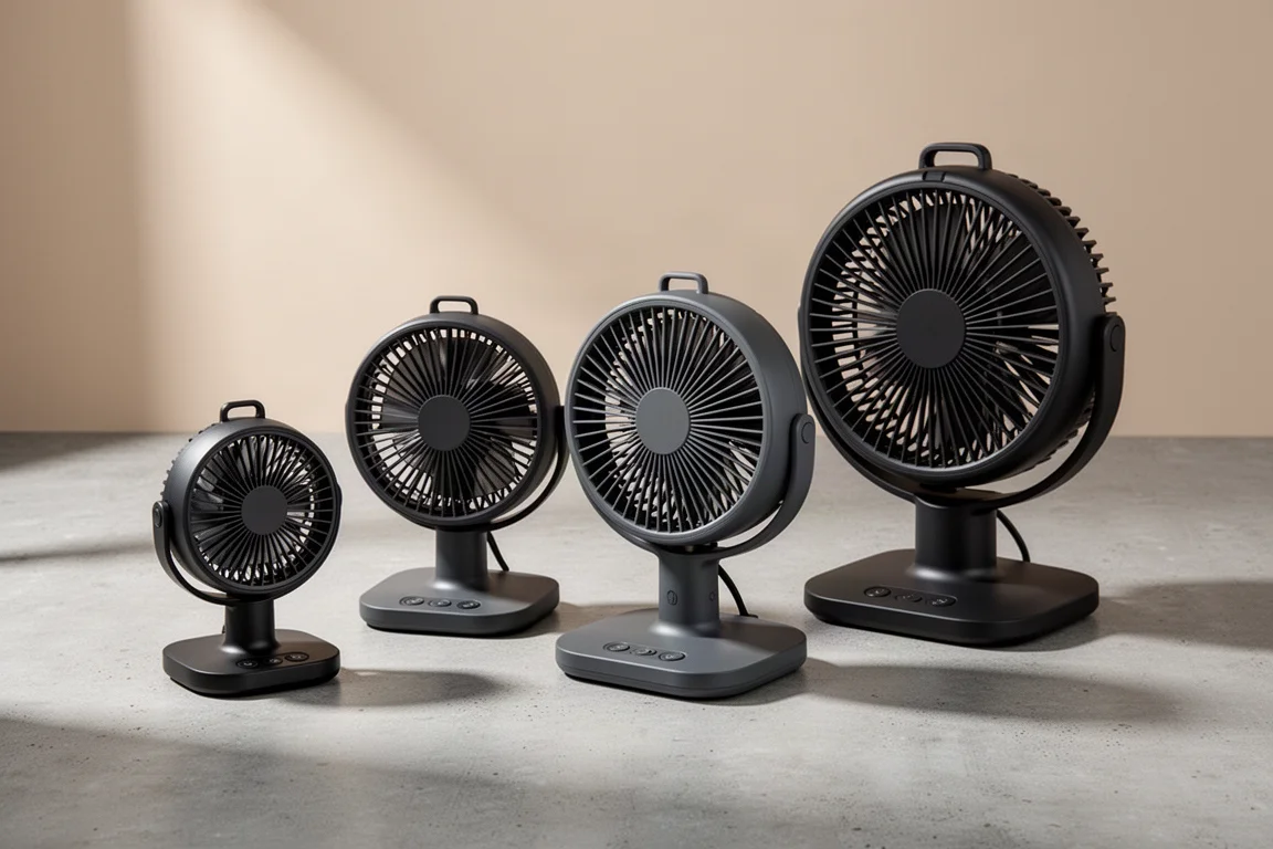 Several portable camping fans of different sizes arranged on a concrete surface