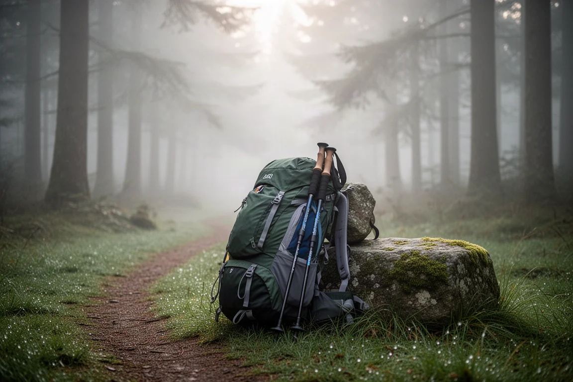 Mochila de trilha carregada apoiada em uma pedra coberta de musgo na entrada de uma trilha em floresta nebulosa ao amanhecer