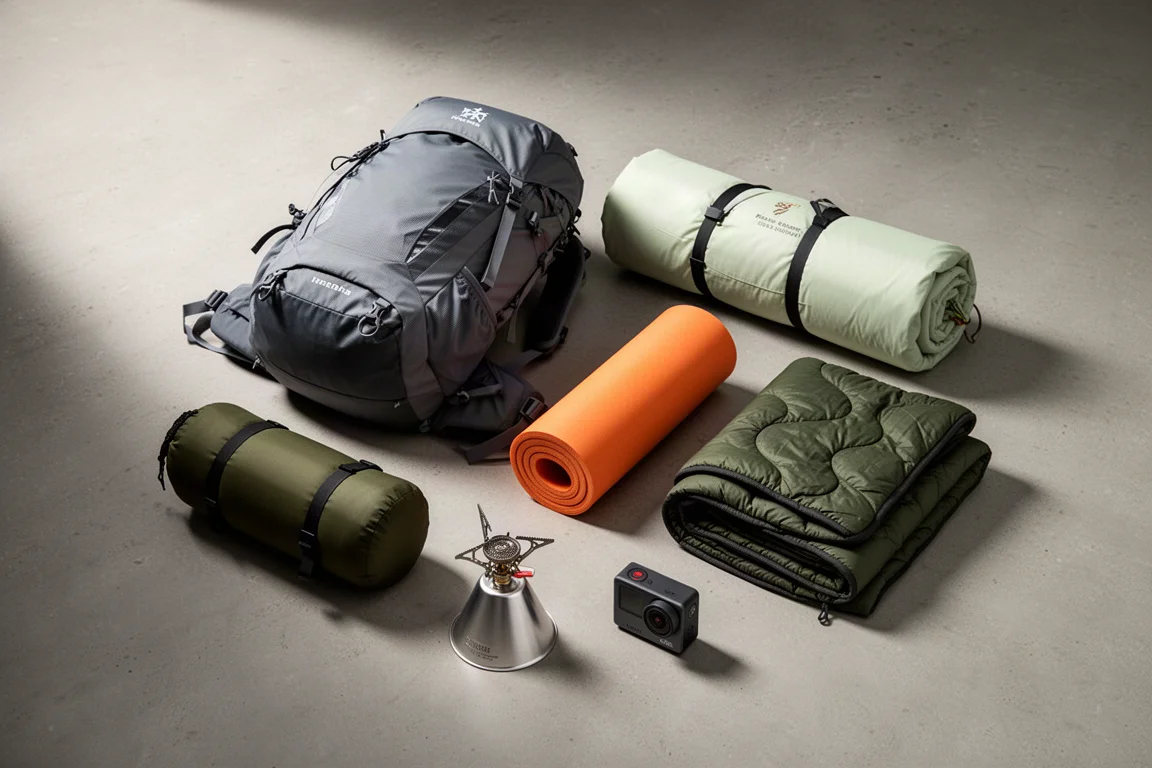 Backpacking gear including a pack, tent, sleeping pad, quilt, stove and camera arranged on concrete