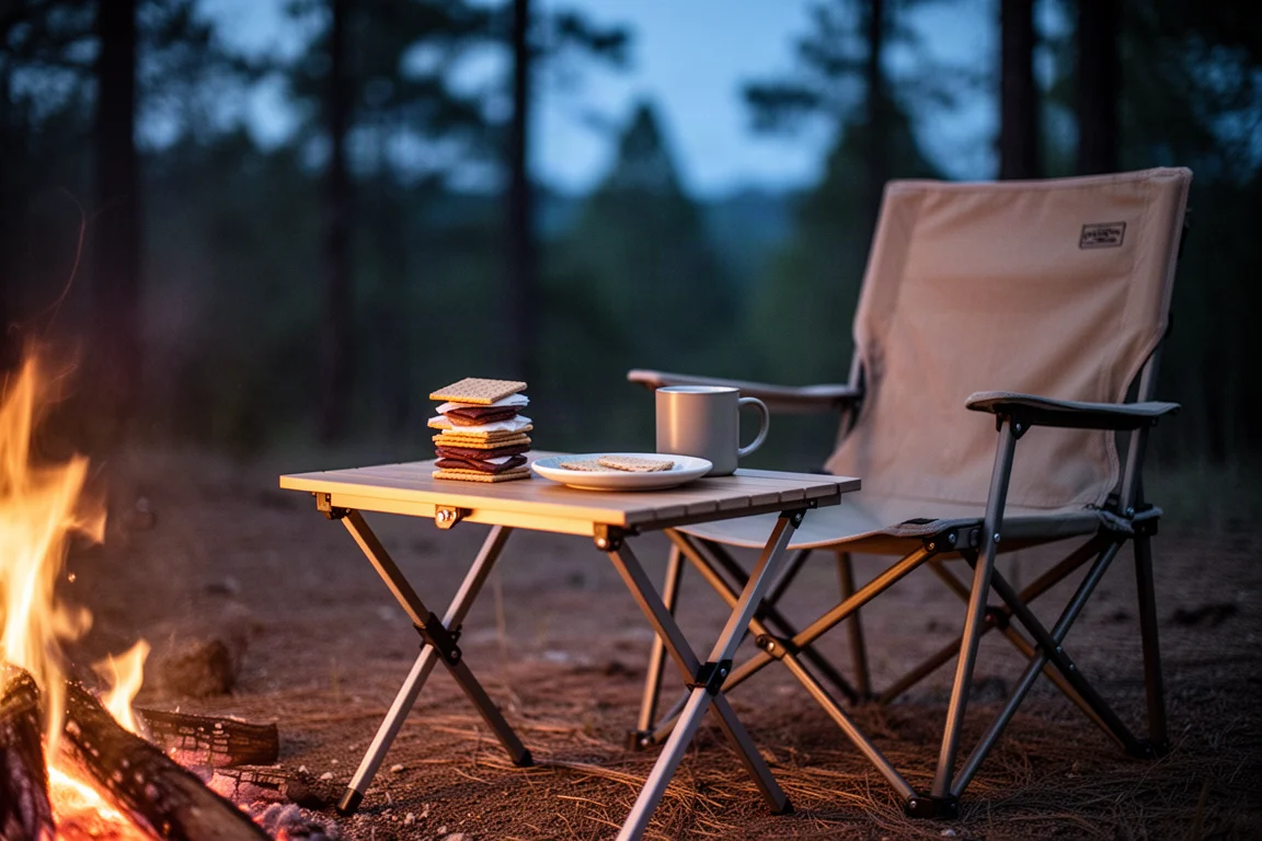 Lagerfeuerszene in der Dämmerung mit einem niedrigen Beistelltisch, auf dem Zutaten für S'mores neben einem Campingstuhl liegen