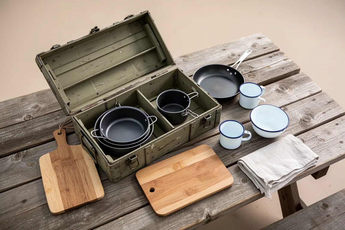 Campingküchenkiste einer Familie mit Utensilien und Töpfen auf einem Picknicktisch