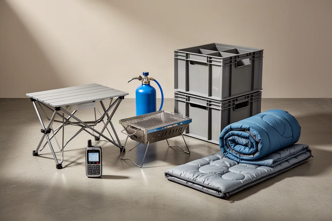 Assorted camping gear including a folding table, grill, water can, crates and kids sleep system