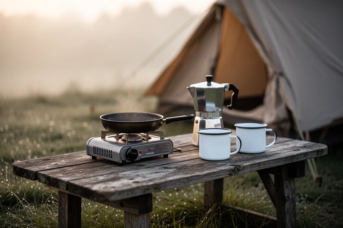 Camp kitchen table at dawn with a stove, fry pan, and coffee gear laid out