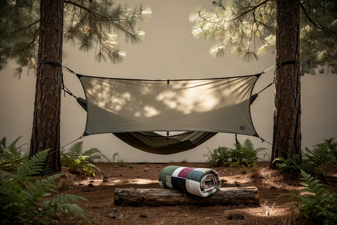 Lay-flat hammock shelter pitched between trees in a forest clearing