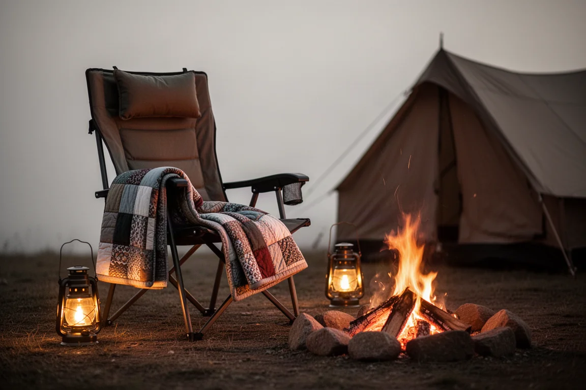High-back camp chair beside a campfire at dusk with a lantern glowing