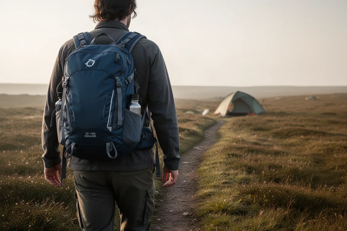 Hiker with a daypack walking a trail away from a distant basecamp
