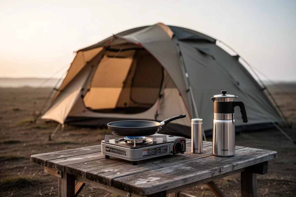 Camp scene at dawn with a family tent, camp stove, and portable espresso maker