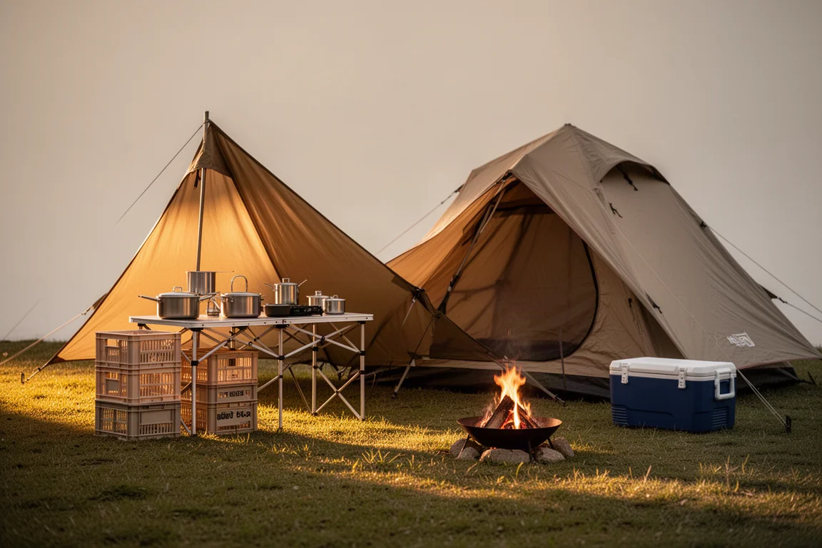 Familjecampingplats i gyllene timmen med ett stort tält, campingbord och en liten glödande eldstad