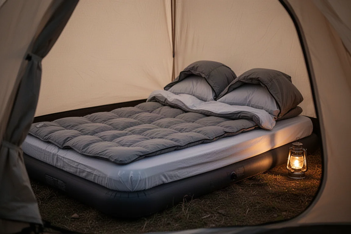 Campingsäng för två personer med en bred quilt och kuddar uppställd i ett tält i skymningen