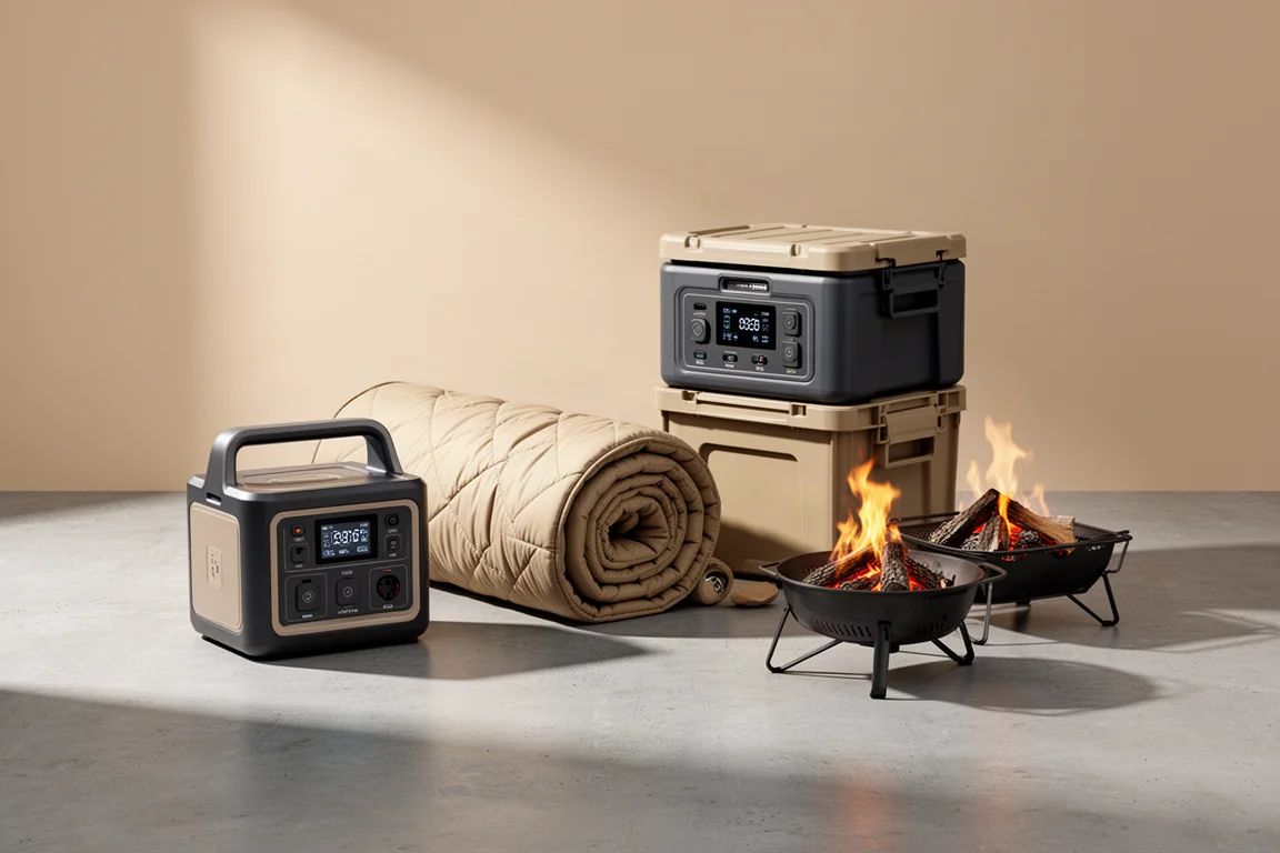 Camping gear group with power stations, a rolled quilt, storage crate and tabletop fire pit