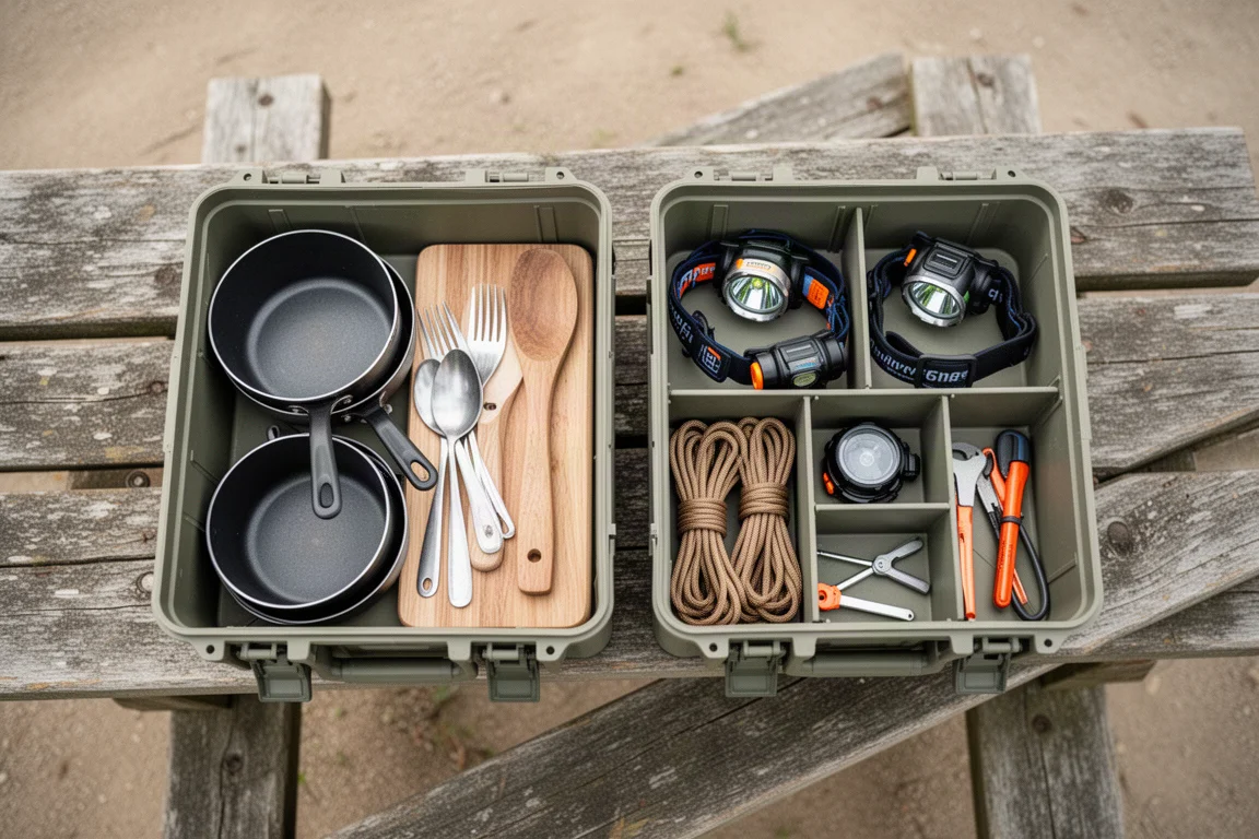 Vista de cima de duas caixas de armazenamento abertas com utensílios de cozinha e pequenas ferramentas de camping