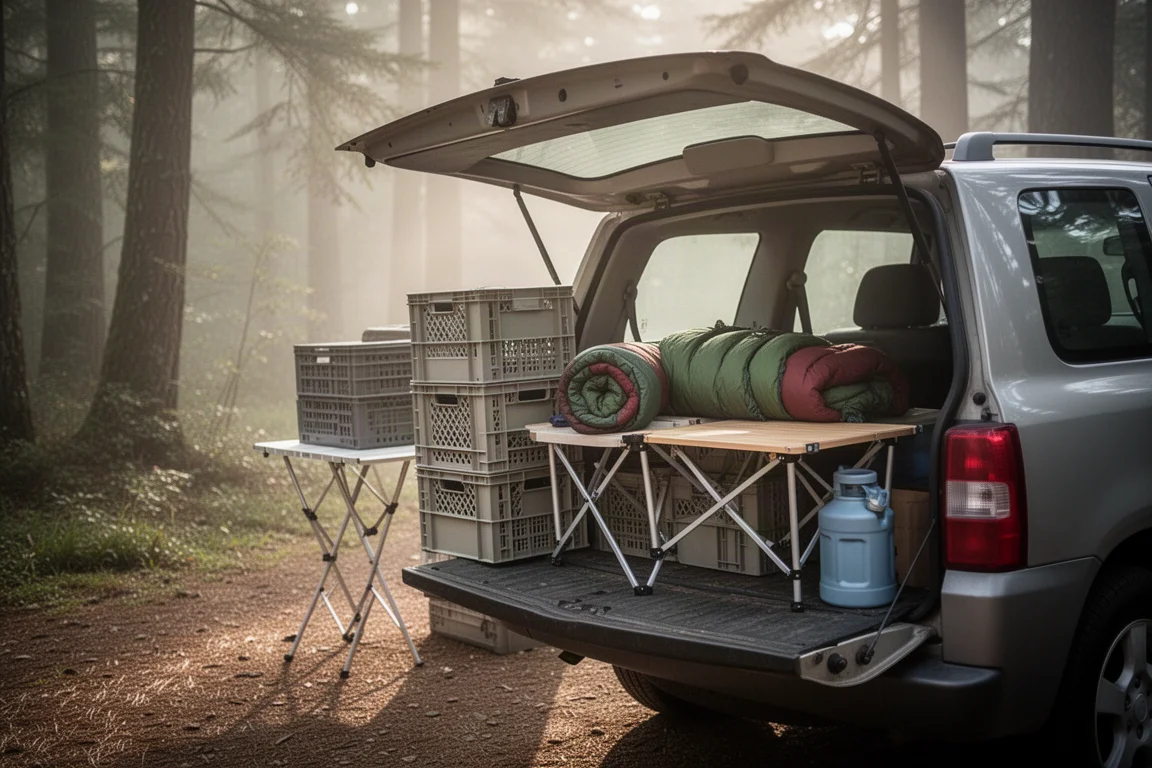 Tampa de veículo aberta, carregada com caixas, saco de dormir e equipamentos de camping em uma trilha na floresta