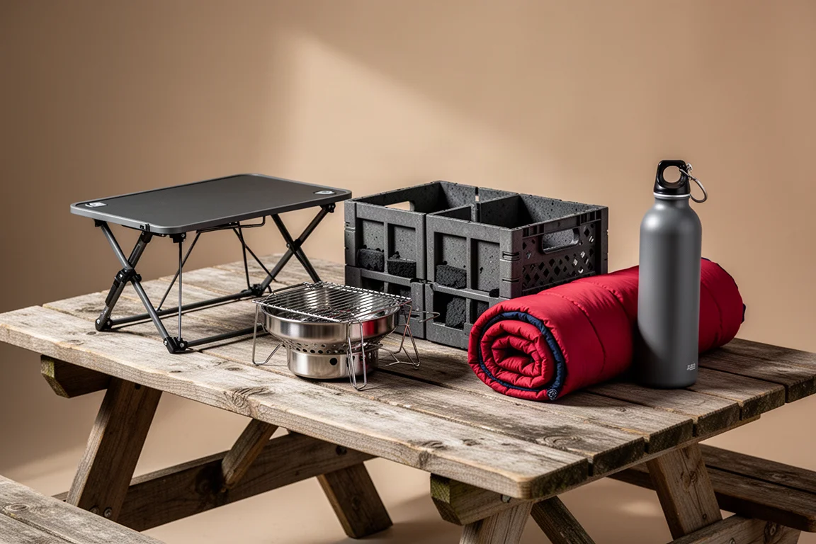 Family camping gear arranged on a wood picnic table including a folding table, grill, crate, sleeping bag and water can