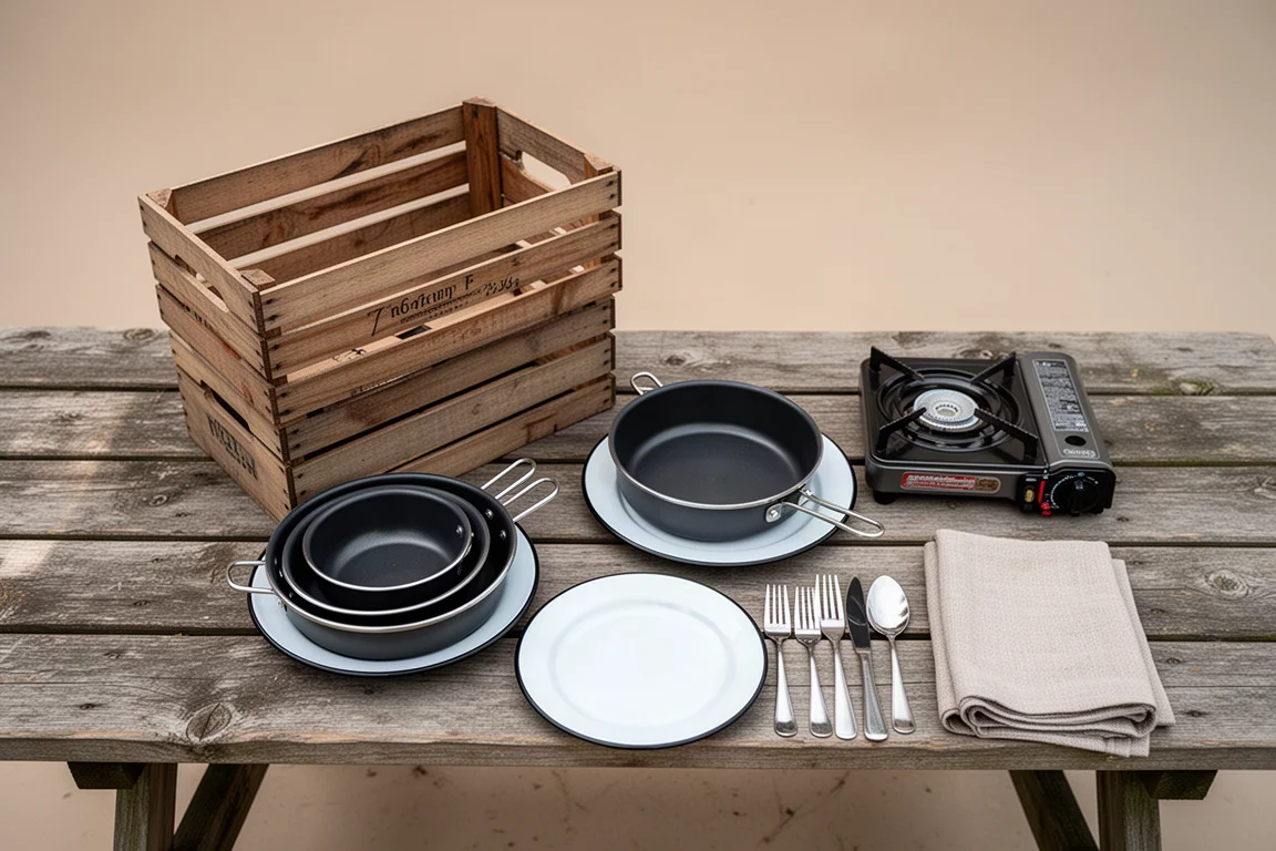 Vista superior de equipamentos de cozinha de acampamento em duas caixas empilháveis abertas sobre madeira desgastada
