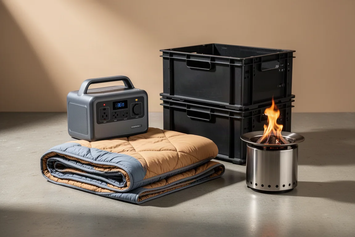 Portable power station, camping quilt, stacking crates and tabletop fire pit on concrete