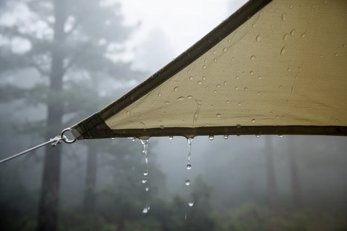 朝霧の中、淡いオリーブ色のテントのフライシートに雨粒がつき、滴り落ちる様子