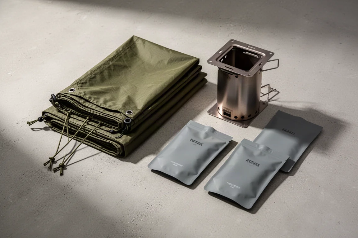 Wet-weather camping gear flat-lay with tarp, titanium stove, and meal pouches on concrete