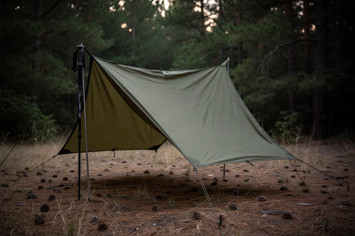Platt tarp uppsatt i öppen-luft-läge i en skogsglänta i skymningen