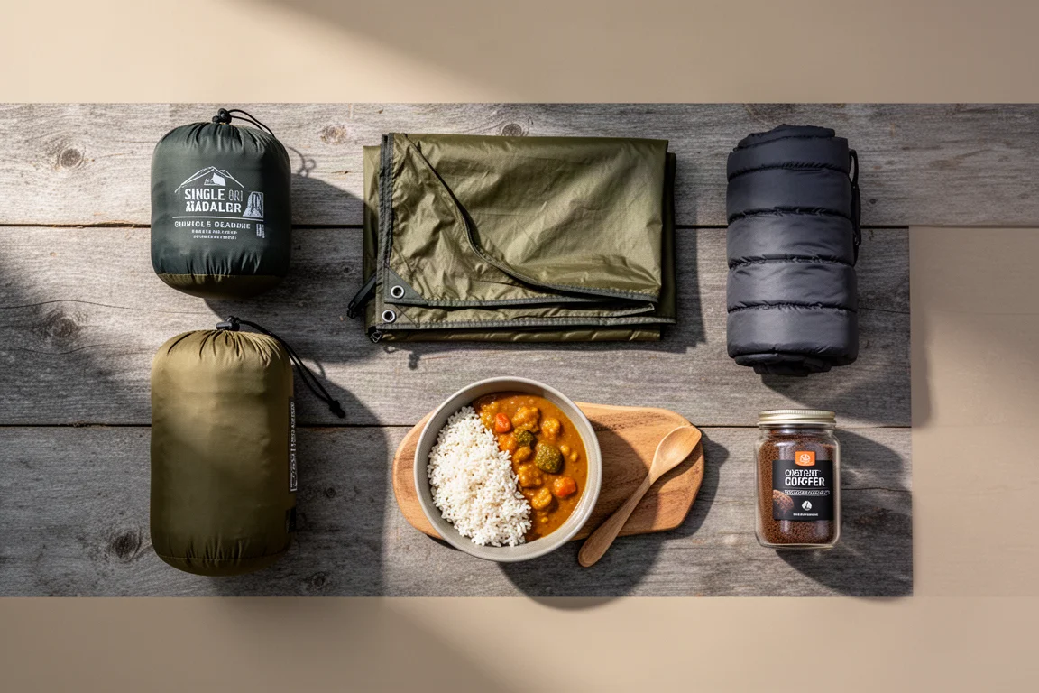 Flat-lay of a tent, tarp, quilt, sleeping pad, curry meal, and instant coffee on wood