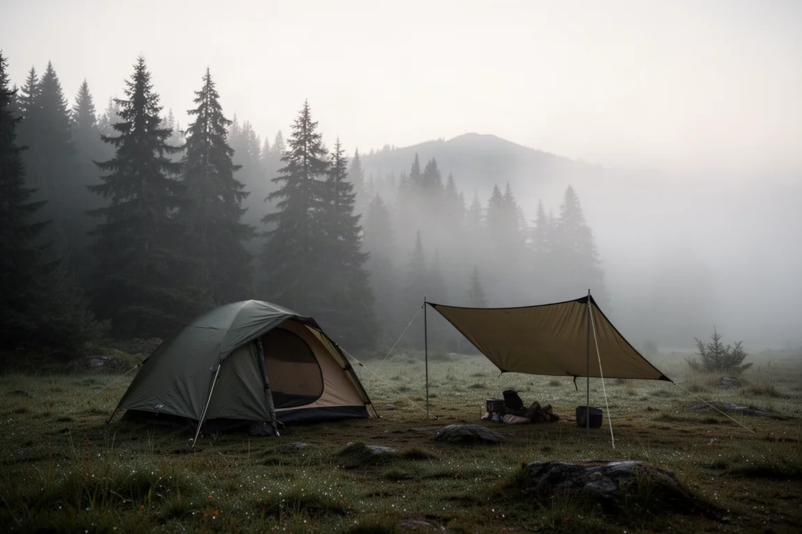 Górskie pole namiotowe o świcie z małym namiotem i osobnym tarpem we mgle