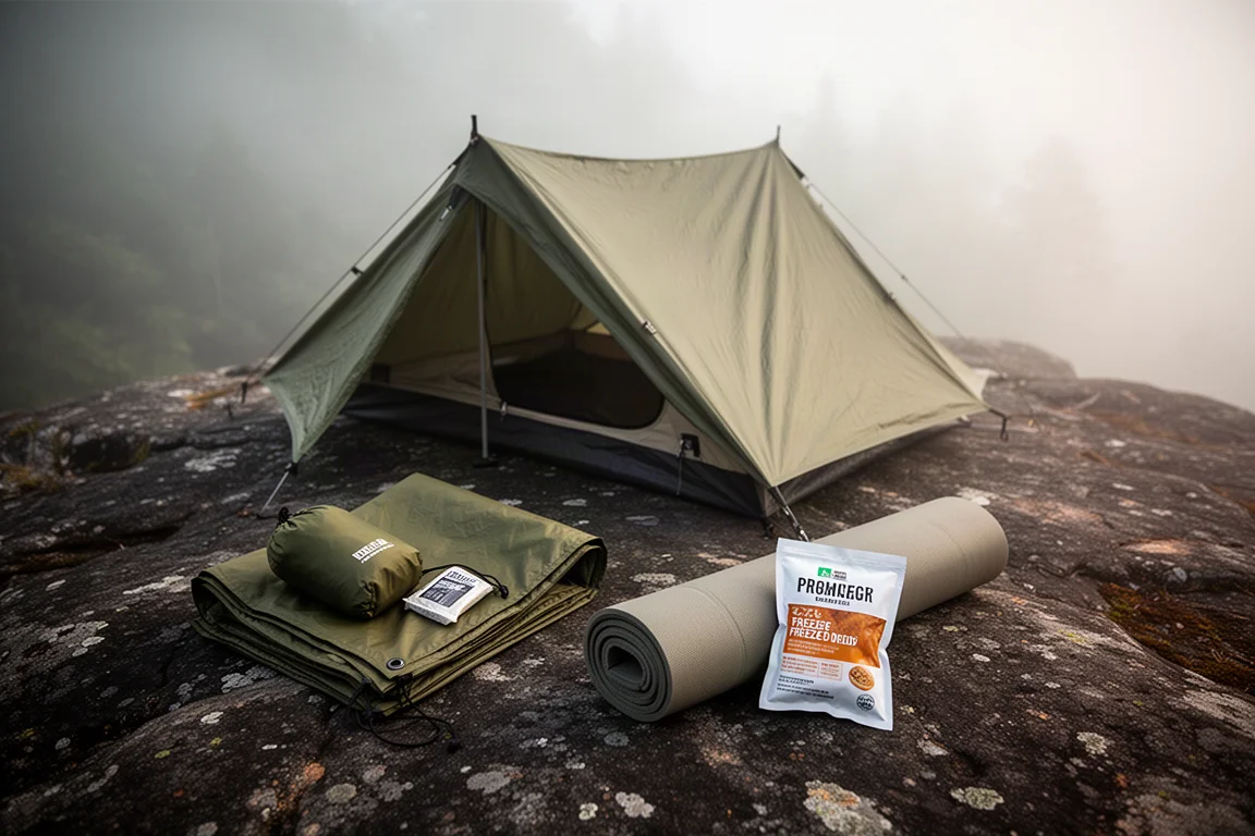 Camping gear arranged on dark rock with a tent, tarp, sleeping pad, and meal pouch