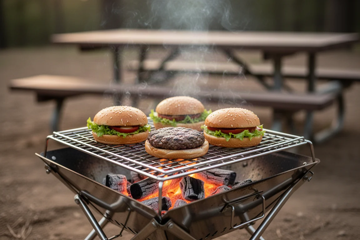 Hamburger che cuociono su una fiamma viva in una compatta griglia da falò all'aperto