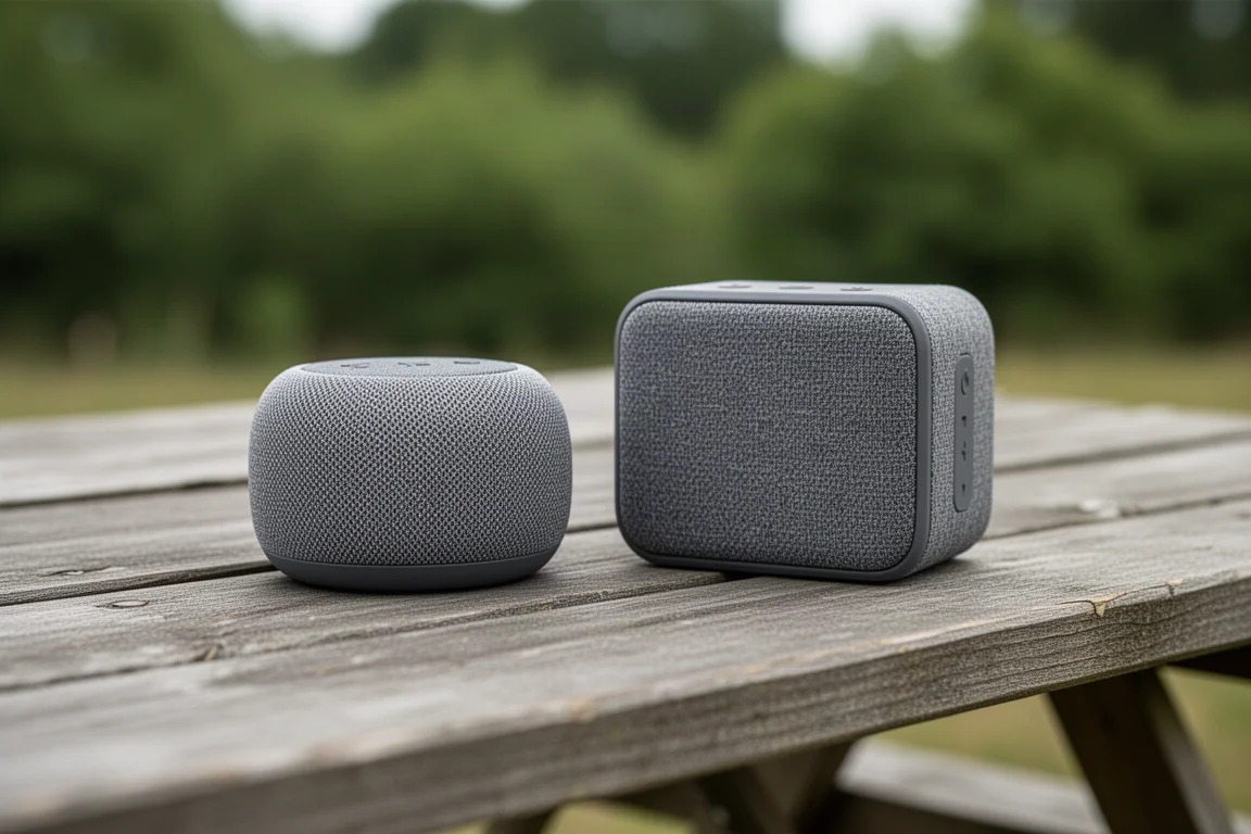 Due compatte casse Bluetooth portatili affiancate su un tavolo da picnic in legno